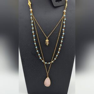 Layered Gold Tone Necklace w/ Rose Quartz & Crystal Beads 28”